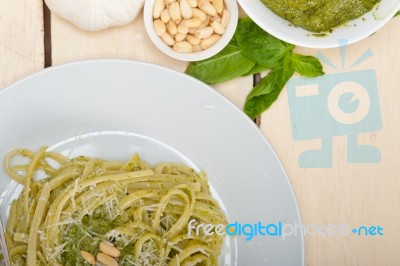 Italian Traditional Basil Pesto Pasta Ingredients Stock Photo