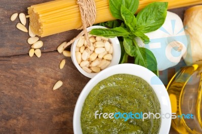 Italian Traditional Basil Pesto Pasta Ingredients Stock Photo