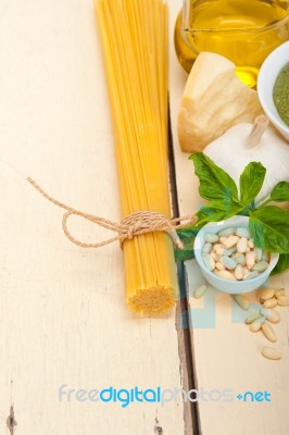 Italian Traditional Basil Pesto Pasta Ingredients Stock Photo