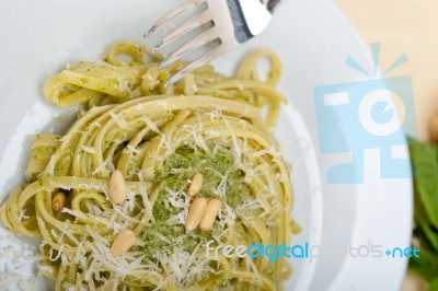 Italian Traditional Basil Pesto Pasta Ingredients Stock Photo