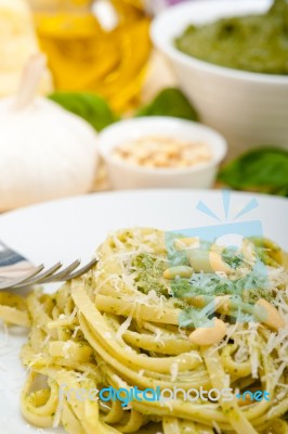 Italian Traditional Basil Pesto Pasta Ingredients Stock Photo