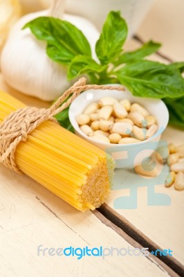 Italian Traditional Basil Pesto Pasta Ingredients Stock Photo