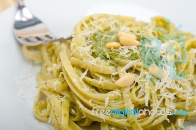 Italian Traditional Basil Pesto Pasta Ingredients Stock Photo