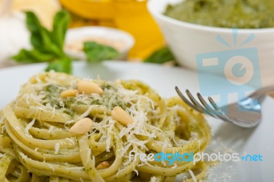 Italian Traditional Basil Pesto Pasta Ingredients Stock Photo