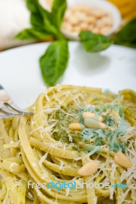 Italian Traditional Basil Pesto Pasta Ingredients Stock Photo