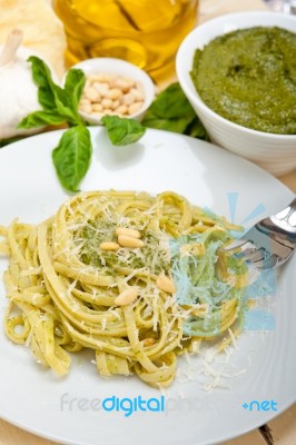 Italian Traditional Basil Pesto Pasta Ingredients Stock Photo