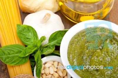 Italian Traditional Basil Pesto Pasta Ingredients Stock Photo