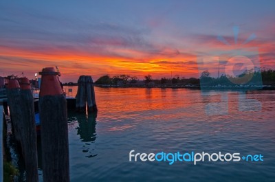 Italy Venice Burano Island Sunset Stock Photo