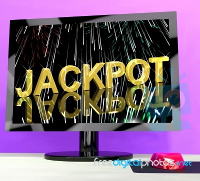 Jackpot Word With Fireworks On Computer Showing Winning Stock Image