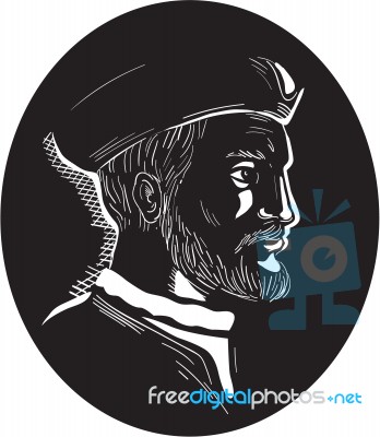 Jacques Cartier French Explorer Oval Woodcut Stock Image