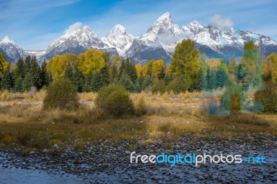 Jagged Grand Teton Mountain Range Stock Photo