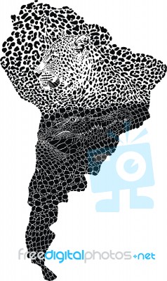 Jaguar And Crocodile On The Map Of South America Stock Image