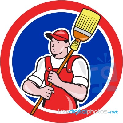 Janitor Cleaner Holding Broom Circle Cartoon Stock Image