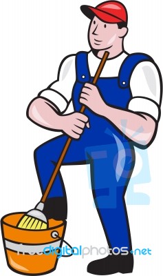 Janitor Cleaner Holding Mop Bucket Cartoon Stock Image