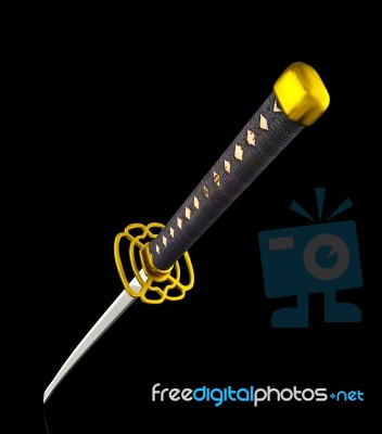 Japan Katana Sword Isolated On Black Background, 3d Rendering Stock Image