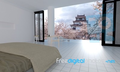 Japan Style Interior With Sakura Flower Tree-3d Rendering Stock Image