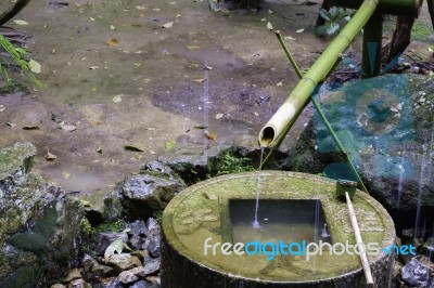 Japanese Bamboo Water Fountain Feature Stock Photo