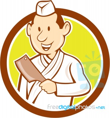 Japanese Chef Cook Meat Cleaver Circle Cartoon Stock Image