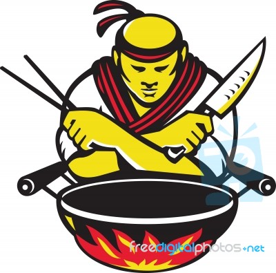 Japanese Cook Chef With Knife Wok Stock Image