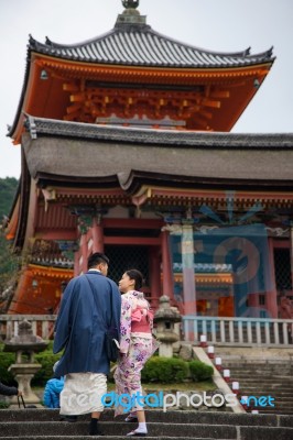 Japanese Couple Taking Pre-wedding Photo At Kiyomizu Stock Photo