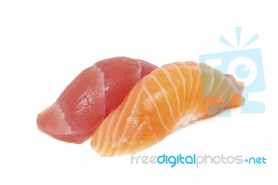 Japanese Cuisine, Sushi - Salmon And Tuna Nigiri On White Backgr… Stock Photo