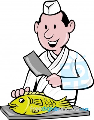 Japanese Fishmonger Cutting Fish Stock Image