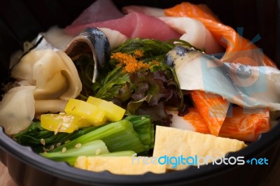 Japanese Food Tekka Don Take Away On Wooden Background Stock Photo