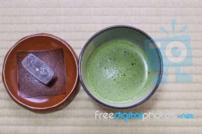 Japanese Green Tea With Traditional Dessert Stock Photo