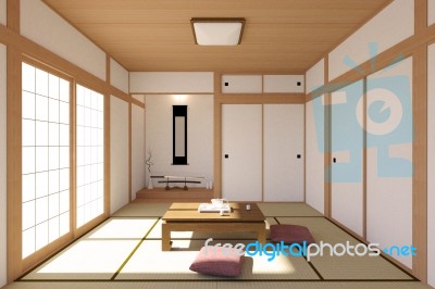 Japanese Living Room Interior In Traditional And Minimal Design Stock Image