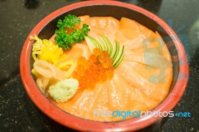 Japanese Rice Box With Salmon Sashimi Stock Photo