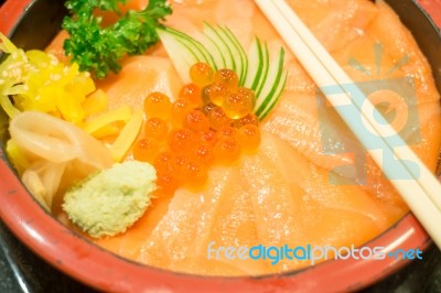 Japanese Rice Box With Salmon Sashimi Stock Photo