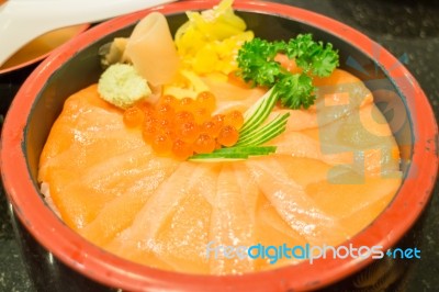 Japanese Rice Box With Salmon Sashimi Stock Photo