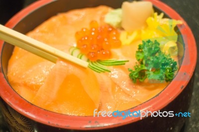 Japanese Rice Box With Salmon Sashimi Stock Photo