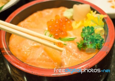 Japanese Rice Box With Salmon Sashimi Stock Photo