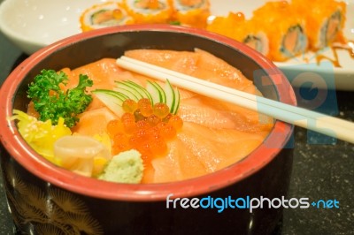 Japanese Salmon Sashimi And Sushi Roll Stock Photo