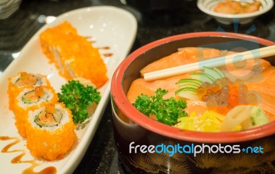 Japanese Salmon Sashimi And Sushi Roll Stock Photo