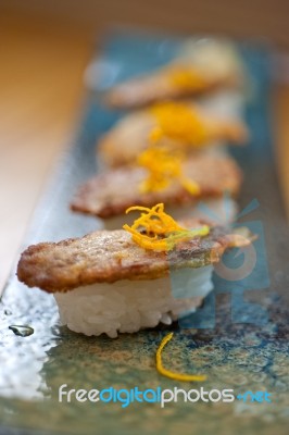 Japanese Style Sushi Fried Goose Liver Stock Photo