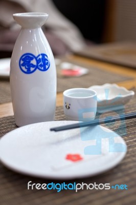 Japanese Style Table Set And Sake Stock Photo