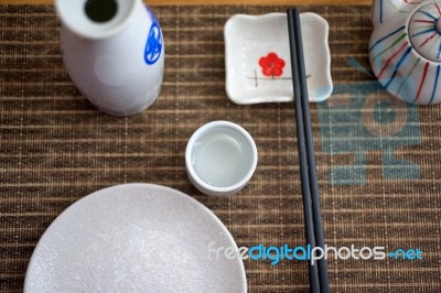 Japanese Style Table Set And Sake Stock Photo