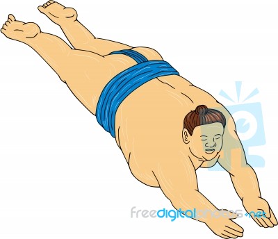 Japanese Sumo Wrestler Diving Drawing Stock Image