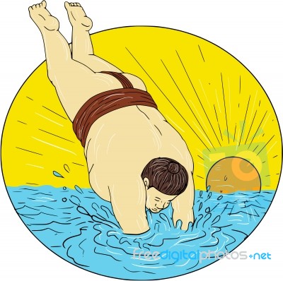 Japanese Sumo Wrestler Diving Sea Sunset Circle Drawing Stock Image