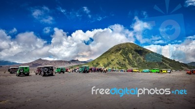 Java,indonesia-arpil 24,2017 : Tourists 4x4 Jeep For Tourist Rent At Mount Bromo In East Java , Indonesia Stock Photo