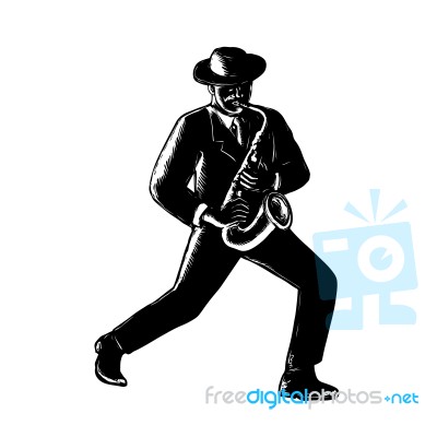 Jazz Musician Playing Sax Woodcut Stock Image