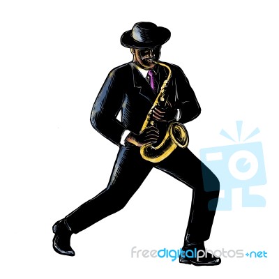 Jazz Musician Playing Saxophone Scratchboard Stock Image