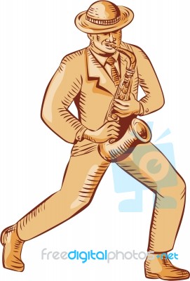 Jazz Player Playing Saxophone Etching Stock Image