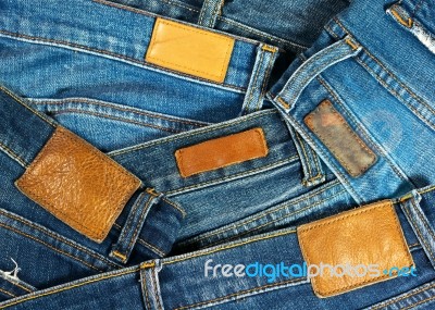 Jeans With Leather Label Texture And Background Stock Photo