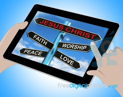 Jesus Christ Tablet Means Faith Worship Peace And Love Stock Image