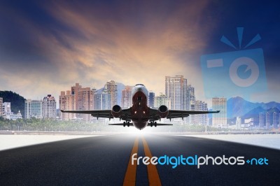 Jet Plane Take Off From Urban Airport Runways Use For Air Transp… Stock Photo