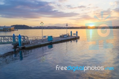 Jetty At Sunset In Yokohama, Japan Stock Photo