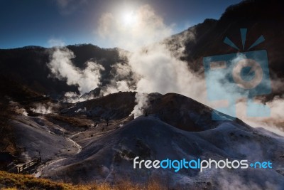 Jigokudani Hell Valley At Sunrise In Noboribetsu Stock Photo